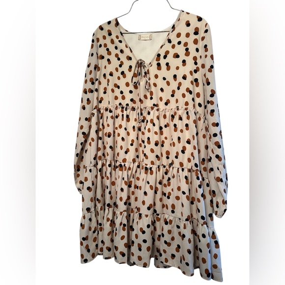 Altar'd State Womens Cream and Brown Polka Dot Tiered Mini Dress Sz M Flowy Boho - Picture 1 of 4